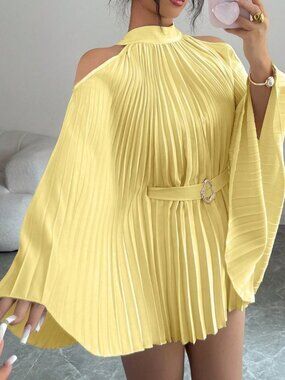 Yellow Casual Women's Elegant Vacation Cinched Waist Midi Flare Sleeve Shirt Top